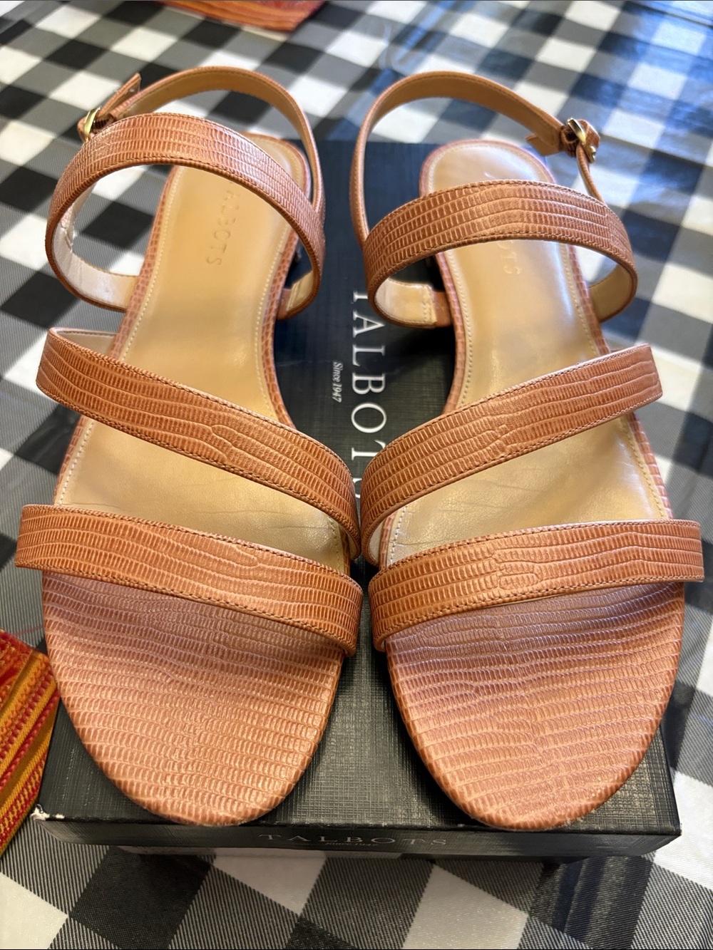 Talbots Coral-Tan Multi-Strap Low Block Heel Sandals